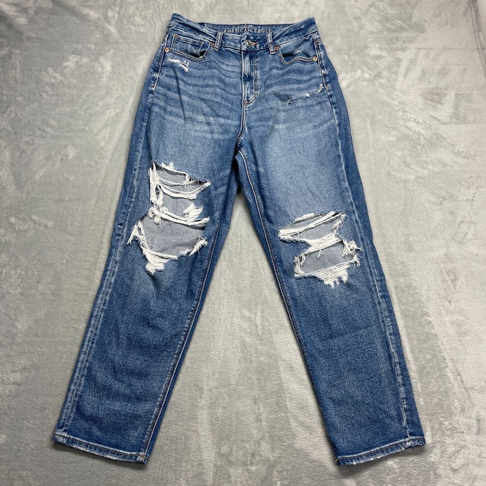 American Eagle Jeans Womens 10R (28x28) Blue Denim Whiskered Ripped Curvy Mom